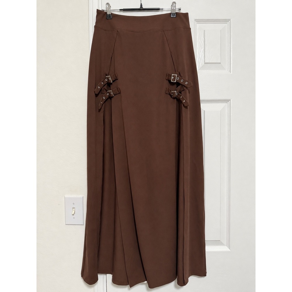 Halara High Waisted 2-in-1 Maxi Skort Brown Buckle Split A-Line Skirt Medium - Picture 2 of 6